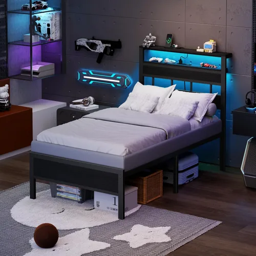 Miniatura 4 de Furnulem Base de cama individual con estación de carga y luces LED, cama de plataforma de tamaño individual con listones de metal, cabecera de Roble
