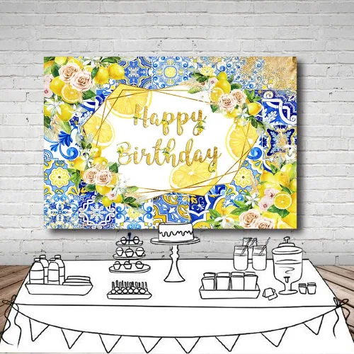 Miniatura 4 de MEHOFOND Telón de fondo de limón con diseño de feliz cumpleaños, azulejos azules, fondo mediterráneo de Marruecos, decoración de fiesta