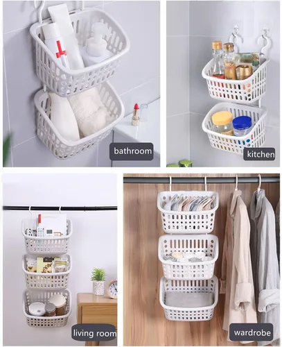 Miniatura 3 de 3 piezas de cestas colgantes de plástico para ducha, organizador de cestas colgantes con ganchos, cesta de almacenamiento colgante pequeña