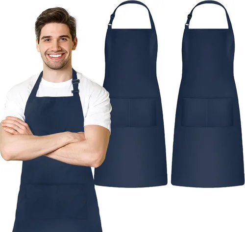 Miniatura 12 de Adjustable Bib Apron 100% Polyester Kitchen Aprons Waterdrop Resistant Aprons with Adjustable Strap, Pockets & Long Ties Negro