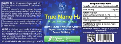 Miniatura 2 de True Nano H2 con té verde de H2 Universe Hidrógeno molecular con nanoburbujas de hidrógeno activo, aumenta la energía, potente antioxidante 60