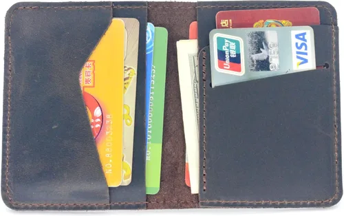 Miniatura 8 de Cartera minimalista hecha a mano de cuero envejecido para hombres tarjetero para regalos flores marrones