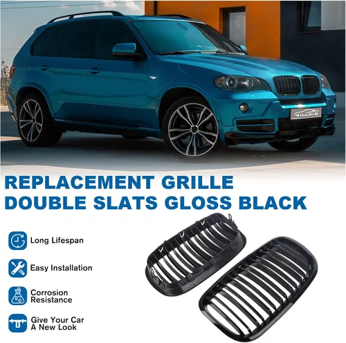 Miniatura 2 de Parrilla de riñón para parachoques delantero, color negro brillante, compatible con BMW X5 E70 X6 E71 2007-2014 doble listón doble línea