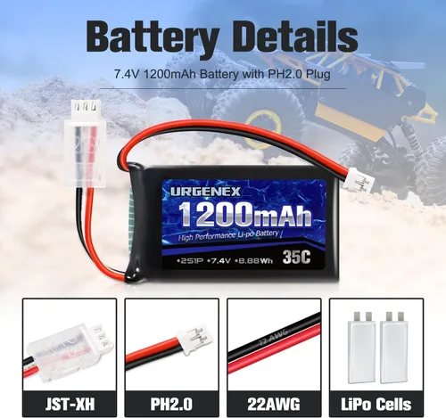 Miniatura 3 de SCX24 Batería 7.4V Lipos 2S 35C (Ráfaga 70C) 1200mAh Batería de Litio Recargable con Enchufe PH2.0 Compatible con la mayoría de coches RC y camiones