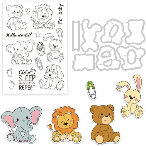 GLOBLELAND Juego de troqueles de corte de muñeca de animales y sellos transparentes, diseño de conejo, perro, elefante, oso y sello de silicona para