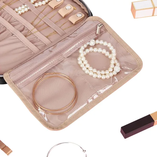 Miniatura 7 de BELALIFE Organizador de joyas de viaje, estuche portátil de almacenamiento de joyas para aretes, anillos, collares, pulseras, color negro