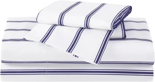 Miniatura 3 de Truly Soft Everyday Queen - Juego de sábanas de microfibra + fundas de almohada, colección Ticking Stripe, color blanco y azul marino Azul
