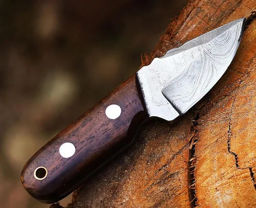 ANCILLA Cuchillo de ciervo de campamento hecho a mano para caza de damasco, hoja fija de espiga completa, mini cuchillo de cuello de vaquero de Mini