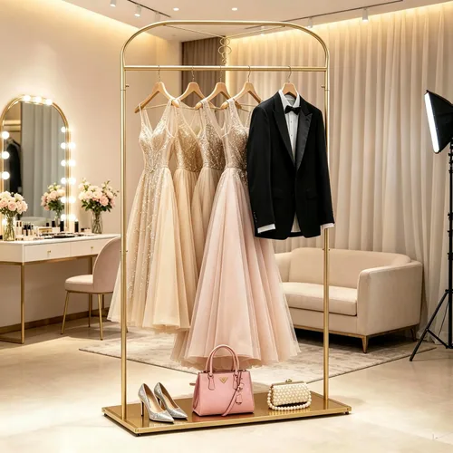 Miniatura 9 de 91" estante alto de la ropa del oro con los estantes, estante largo del vestido de la ejecución Estantes de ropa nupcial, organizador para tienda