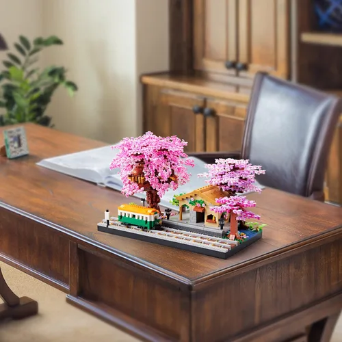 Miniatura 5 de Juego de bloques de construcción de micro bloques de construcción japoneses de cerezo en flor para adultos, modelo de mini ladrillos, casa