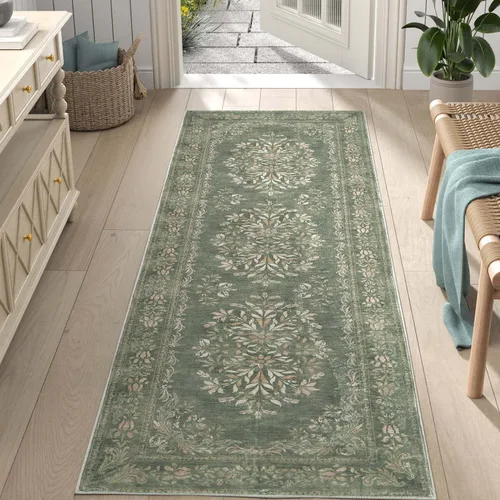 Miniatura 196 de Jinchan Fiora - Alfombra redonda de 8 pies, alfombras vintage con diseño floral envejecido, lavable a máquina, antideslizante, de pelo bajo, Azul