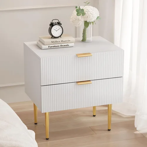 Miniatura 7 de Mesita de noche, mesita de noche negra y dorada con panel estriado, mesa de cabecera con 2 cajones, mesita de noche moderna grande de mediados