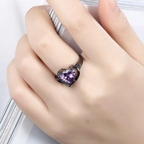 Miniatura 2 de QOBEBOTA Anillo romántico de compromiso chapado en oro de 18 quilates, anillos de eternidad con incrustaciones de corazón rojo, circonita cúbica