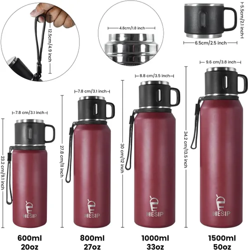 Miniatura 2 de Botella aislada de acero inoxidable, 27 onzas con taza, botella de agua aislada al vacío, termo para bebidas calientes/bebidas frías, viaje con Rojo