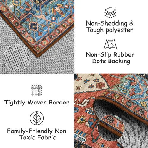 Miniatura 6 de Beeiva Alfombra de pasillo lavable oriental con medallón tribal vintage de 2 x 7 pies con respaldo de goma, medallón tribal vintage no Óxido/Azul