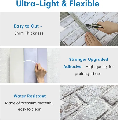 Miniatura 4 de COMSTICKC 3D Whitewash Faux Brick Wall Panel Peel and Stick Wall Covering, 12 Pcs of 22.8" x 11.8", 3D Brick Wall Stickers, UrltraLight PVC Self