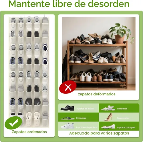Miniatura 6 de Organizador de zapatos colgante sobre la puerta con 40 bolsillos grandes de malla transpirable, soporte de zapatos que ahorra espacio, estante