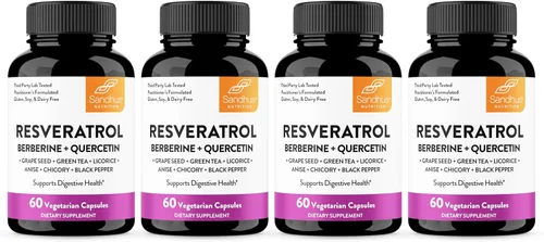 Miniatura 10 de Resveratrol con suplemento de berberina para apoyo a la salud intestinal 60 cápsulas digestivas para mujeres y hombres Con extracto de té verde