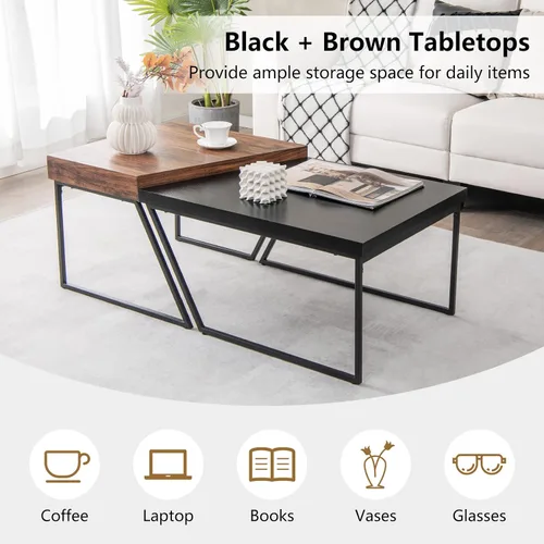 Miniatura 5 de Giantex Juego de 2 mesas auxiliares apilables de color negro y marrón con patas de metal con recubrimiento en polvo, mesa anidable trapezoidal