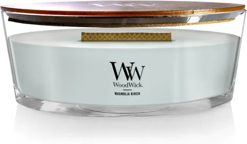 WoodWick Magnolia Birch Velas Navideñas de Regalo para Mujeres y Hombres, Vela Elipse de 16 oz con Mecha Crepitante Abedul Magnolia