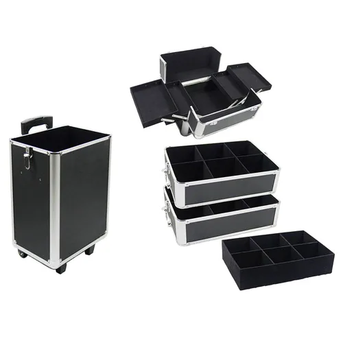 Miniatura 4 de Estuche de maquillaje profesional 4 en 1 con asa de elevación, estuche de aluminio para cosméticos, estuche de maquillaje rodante, carrito