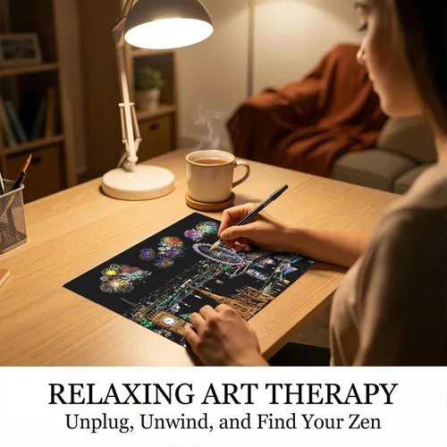 Miniatura 2 de Papel de pintura para rascar arcoíris (A4) para adultos y niños, tablero de rascar de vista nocturna, juego de arte de grabado: 4 hojas de tarjetas