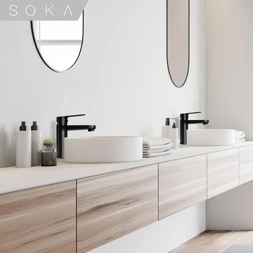 Miniatura 2 de SOKA - Grifo de baño de latón negro mate con tapón de desagüe emergente y placa de cubierta - Grifo monomando para RV con 1 o 3 agujeros