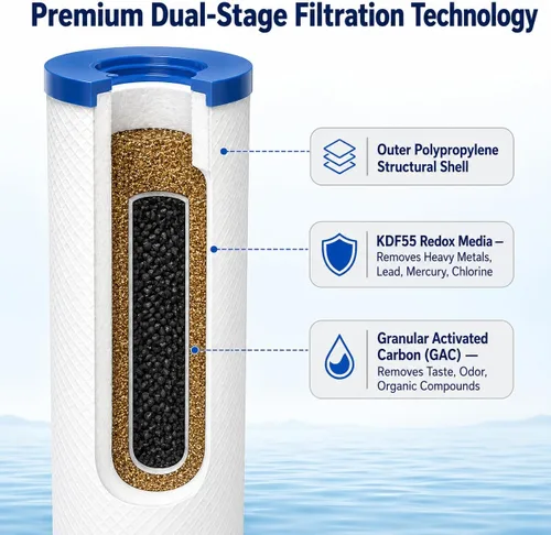 Miniatura 2 de APEC Water FI-KDF55-10BB GAC Filtro de agua de carbono para toda la casa; metales pesados, reducción de cloro y bacterias, 4.5 x 10 pulgadas