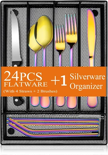 E-far - Juego de cubiertos de 31 piezas de acero inoxidable para 4 personas con organizador de utensilios, incluye tenedores, cucharas, cuchillos,