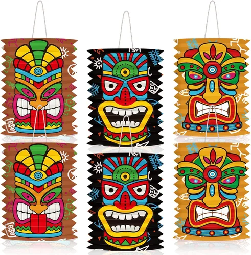 6 linternas de papel Tiki para decoración de fiesta, 10 x 6.1 pulgadas, multicolor, decoración de barra Luau Tiki, adornos decorativos colgantes