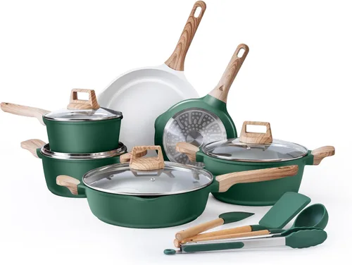 Miniatura 10 de Country Kitchen Juego de ollas y sartenes antiadherentes, juego de utensilios de cocina de aluminio fundido con utensilios, juego de cocina
