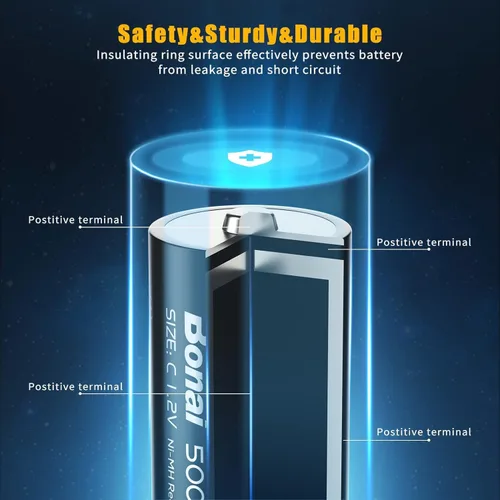 Miniatura 6 de BONAI Baterías C recargables, células C 5000mAh 1.2V Ni-MH de alta capacidad de tamaño C (paquete de 4)