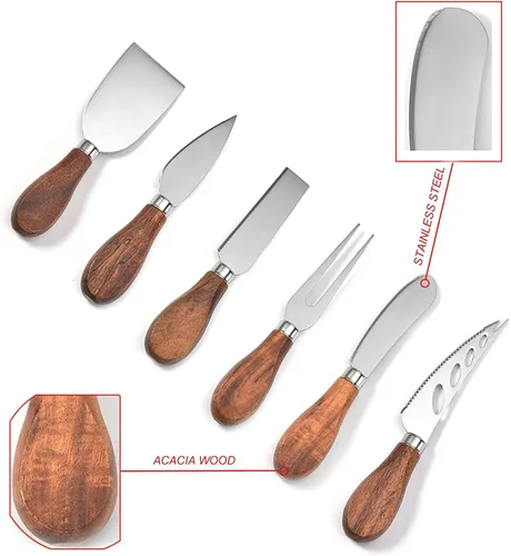 Miniatura 6 de Exquisito juego de cuchillos de queso de 6 piezas, colección de cuchillos de queso de acero inoxidable (mango de madera de acacia)