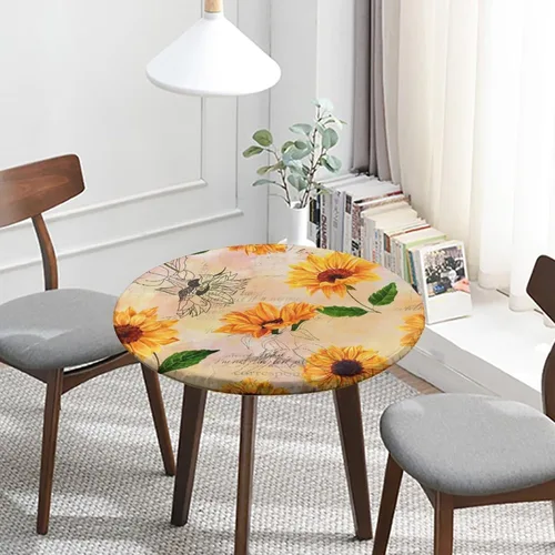 Miniatura 2 de Mantel ajustable con diseño de girasol redondo, borde elástico amarillo, mantel de poliéster para interiores y exteriores, fiesta, cena, patio