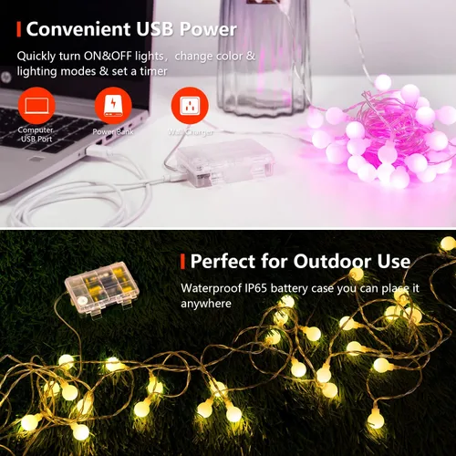 Miniatura 3 de OMIKA Guirnalda de luces de 20 pies, 40 LED de 24 colores cambiantes, funciona con pilas, luces de Navidad alimentadas por USB, cadena de luces