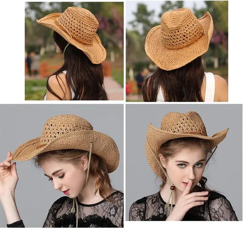 Miniatura 6 de Sombrero de vaquero de paja sombrero de sol vaquera de verano Panamá con correa para la barbilla hombres mujeres sombrero viaje al aire libre