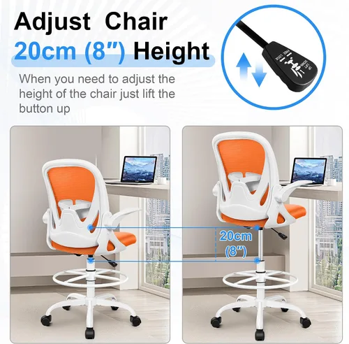 Miniatura 6 de Primy Silla de Dibujo Silla de Oficina Alta con Reposabrazos Abatibles Silla Ejecutiva Ergonómica de Computadora para Escritorio de Pie con Soporte