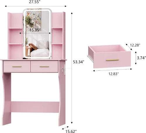 Miniatura 2 de HUANLEGO Pequeño escritorio de tocador con espejo y luces, escritorio de maquillaje rosa con espejo iluminado y toma de corriente, 3 luces