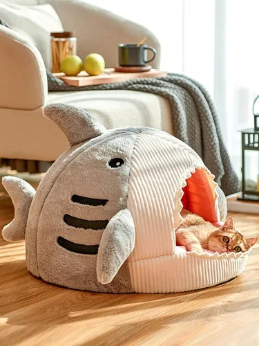 Miniatura 4 de QWINEE Alfombrilla para Gatos en Forma de Tiburón Caseta Cama para Gatitos Refugio Casa Cálida Suave Cómoda Semi-Cerrada Nido para Gatos y Perros