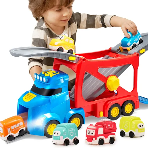 Vroomix Camiones de Juguete Extra Grandes para Niños Pequeños, Camiones de Ciudad de 3 Niveles para Niños, Camión Transportador Grande 7 en 1 con