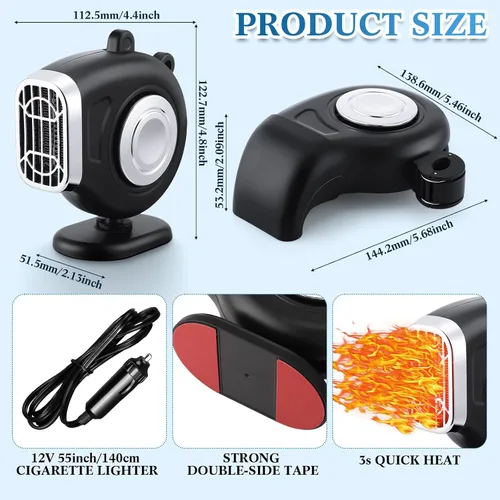 Miniatura 3 de Tujoe 3 Piezas 12 V 150 W Calentador de Coche que se Conecta al Encendedor de Cigarrillos 2 en 1 Calentador de Coche Portátil y Desempañador