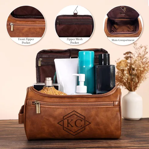 Miniatura 4 de Neceser de Cuero Personalizado para Hombres, Kit de Viaje Dopp Grabado Personalizado, Regalo de Iniciales de Nombre Personalizado para Padrinos