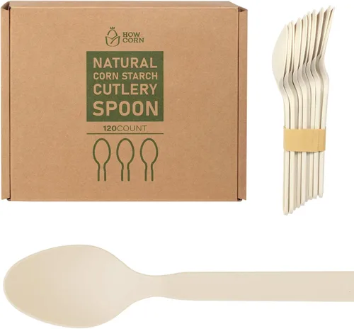 Miniatura 8 de Juego de cubiertos biodegradables de maíz, paquete de 120 cubiertos desechables, plástico de almidón de maíz compostable resistente para el hogar