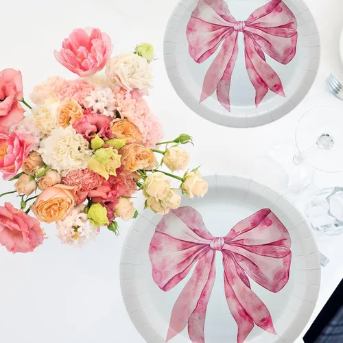 Miniatura 7 de 100 piezas de suministros para fiesta de cumpleaños con lazo rosa, juego de vajilla de lazo rosa de 9 y 7 pulgadas, platos de lazo rosa, tazas