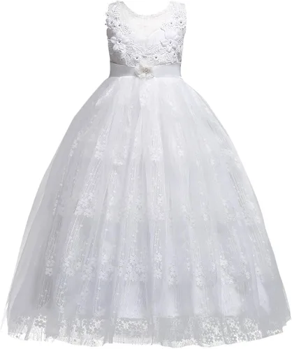 Miniatura 3 de Vestido maxi de tul para niñas con tutú y flores de encaje, largo hasta el piso, para boda, dama de honor, fiestas
