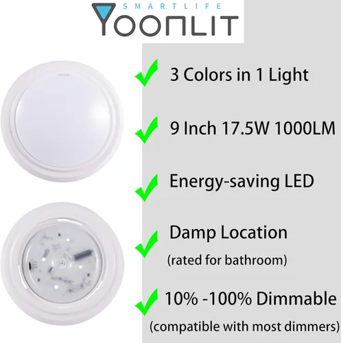 Miniatura 2 de YoonLIT - Lámpara de techo LED de montaje empotrado de 9 pulgadas, 120 V, 3000 K/4000 K/5000 K CCT ajustable, lámpara de techo regulable, 17.5 W