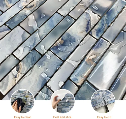 Miniatura 4 de Azulejos autoadhesivos extraíbles de 10 hojas para despegar y pegar, piedra de mármol azul, para cocina y baño, 12 x 12 pulgadas