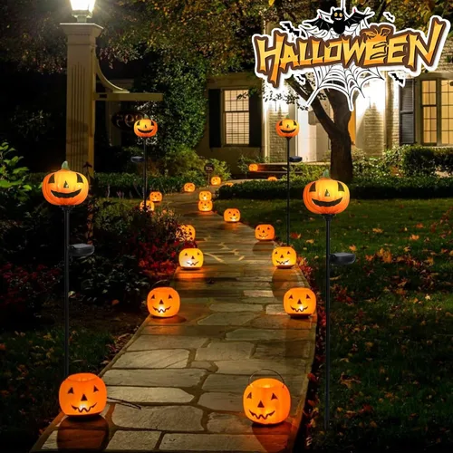 Miniatura 4 de Afirst Luces solares de calabaza de Halloween para caminos de cristal soplado a mano para Halloween, linterna de Halloween, pantalla LED solar