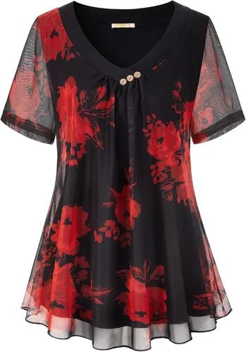 Miniatura 2 de BAIKEA Blusas de manga corta para mujer, estilo túnica de verano elegante, camisa de malla con estampado floral