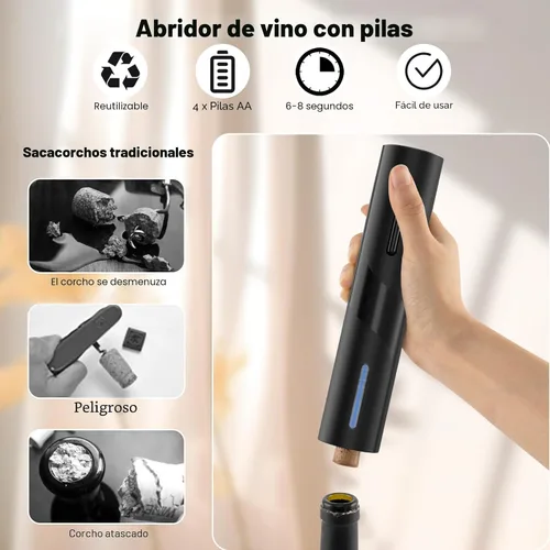 Miniatura 4 de COKUNST Abrebotellas de vino eléctrico, funciona con pilas, con cortador de papel de aluminio, removedor de sacacorchos con botón de un solo clic